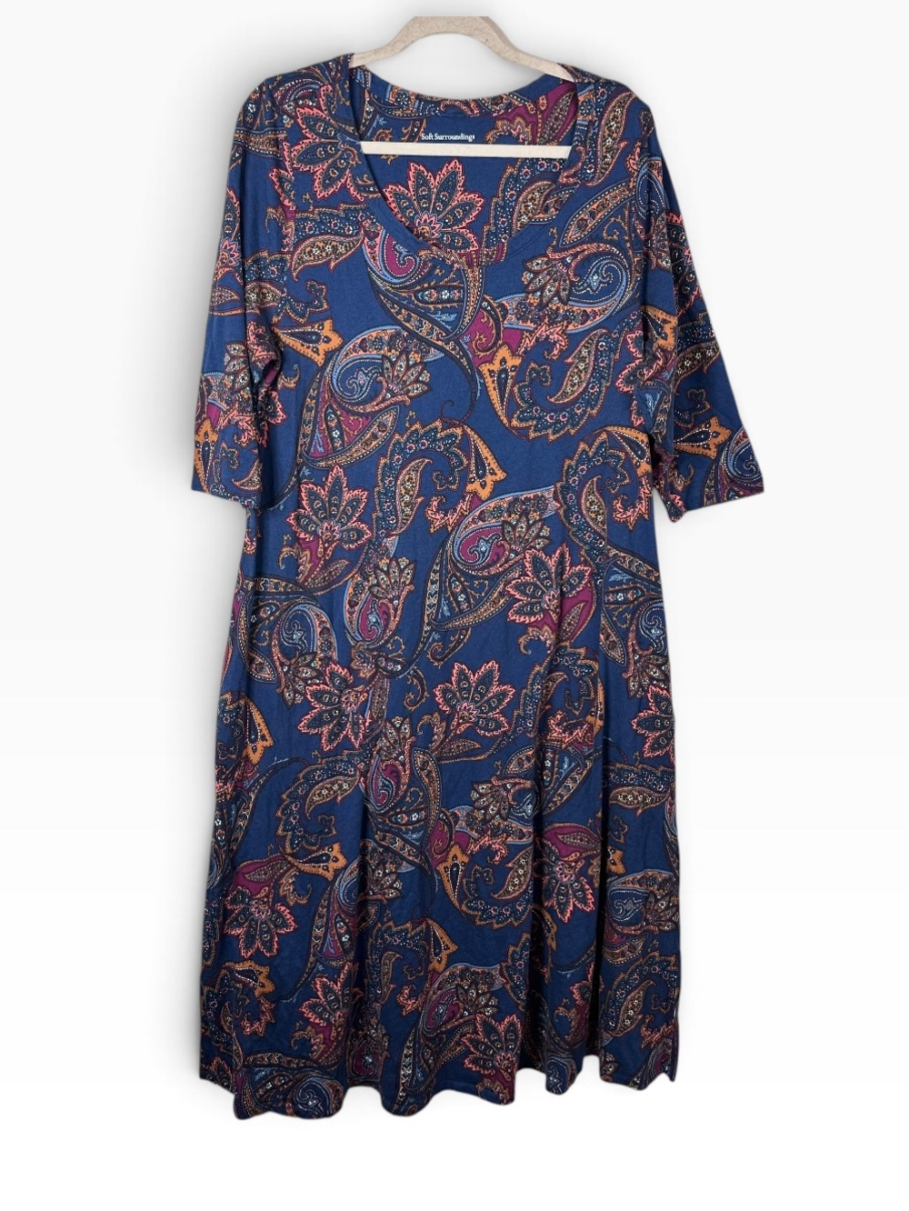 Soft Surroundings Paisley Knit Midi Dress Blue Multi Pocket 3/4 Sleeve Size 1X
